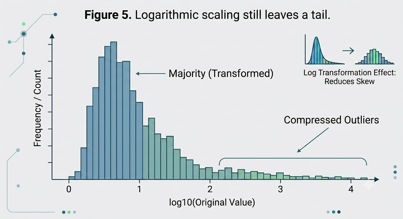 Distribution plot after applying logarithmic scaling, showing a compressed but still visible tail