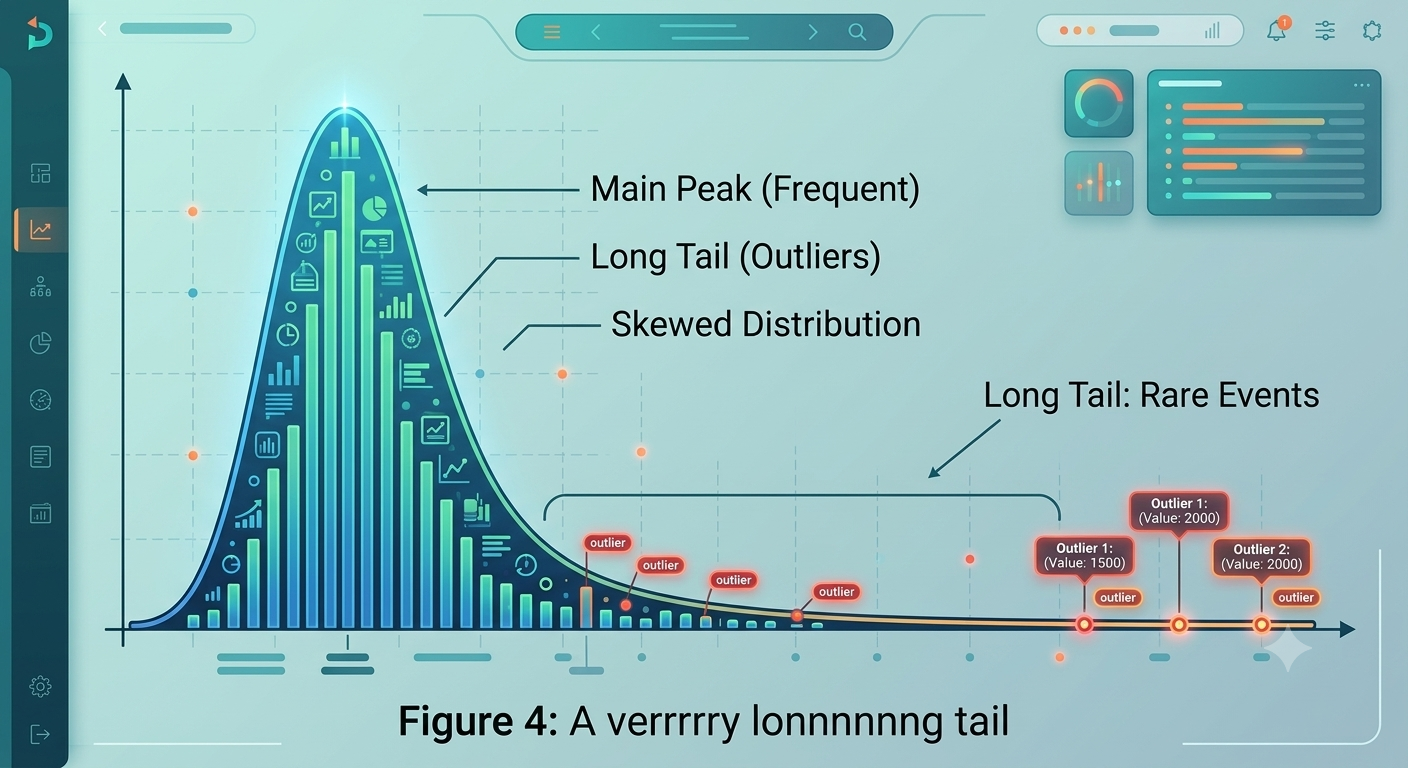 A distribution plot showing a very long tail of extreme outlier values for roomsPerPerson